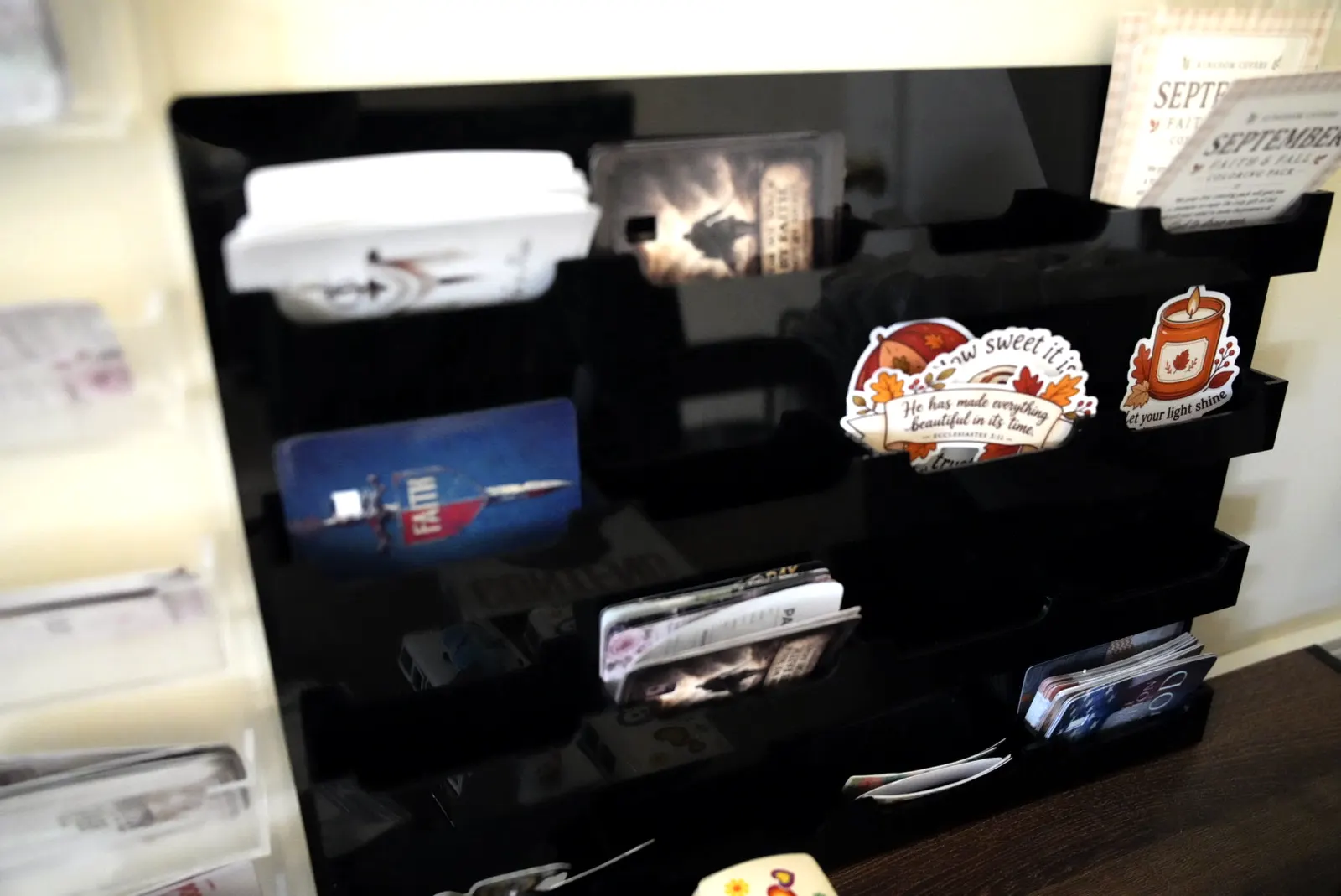 A rack of finished card skins