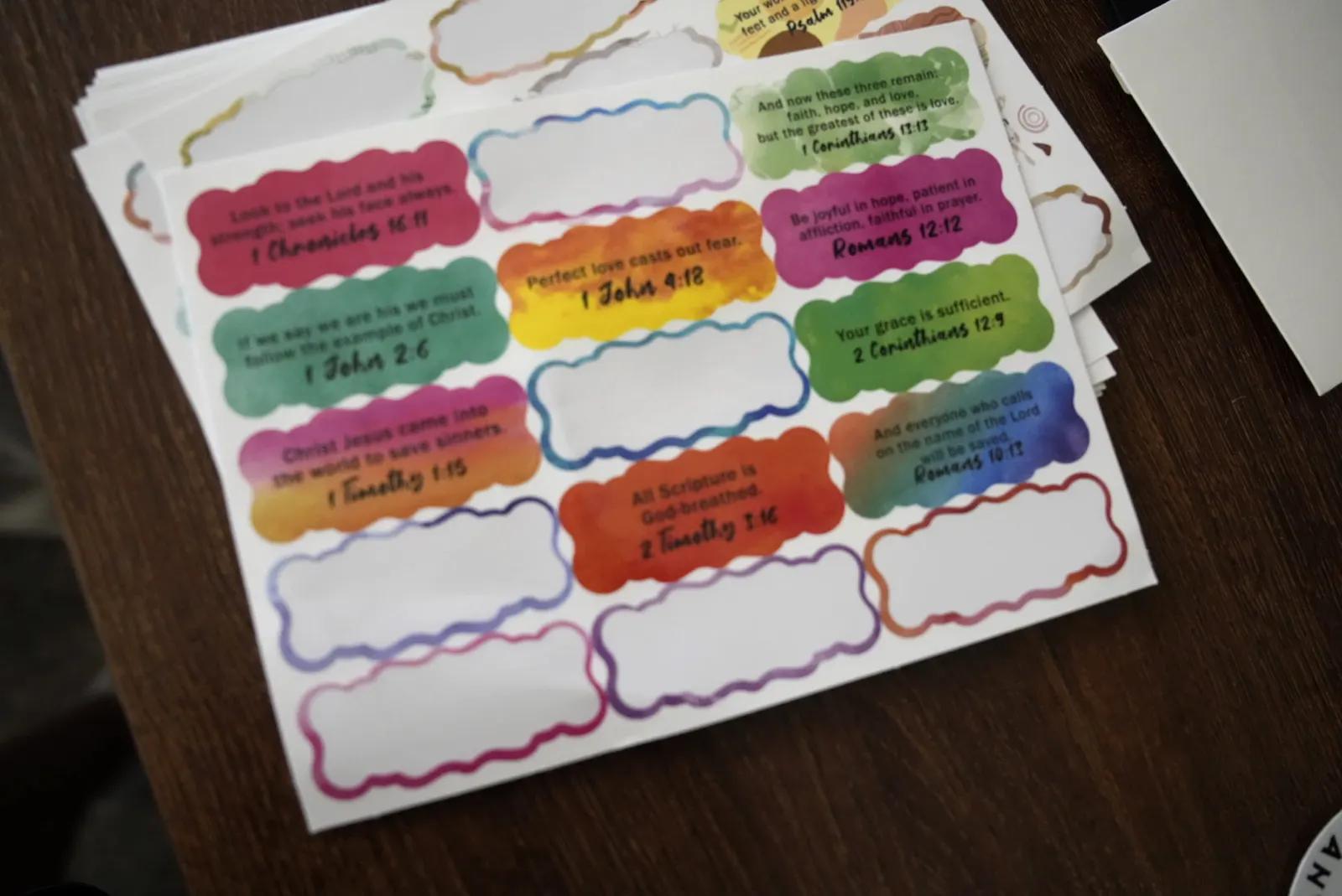 A sheet of the verse stickers we put on every package